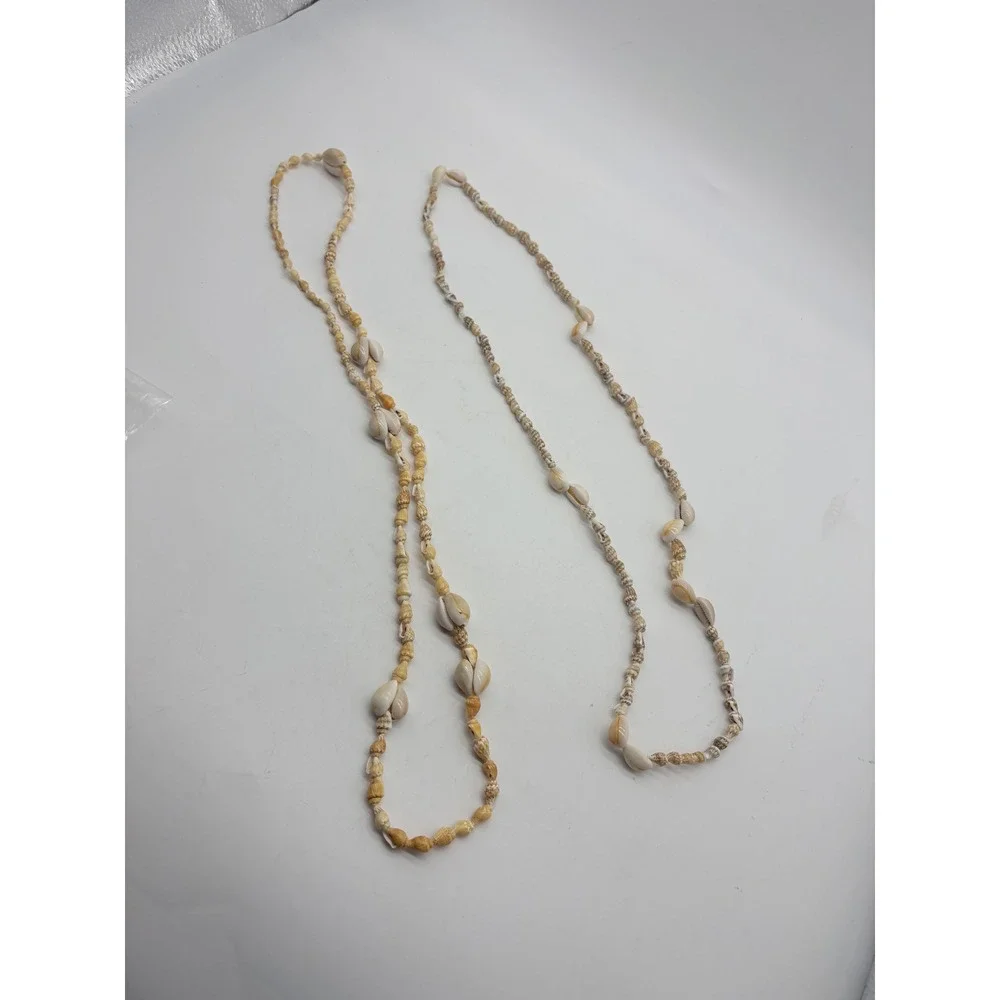 Cowrie Sea Shell Necklace Set 34 Inch‎ Beach Boho Two Strands Cream Brown Tones